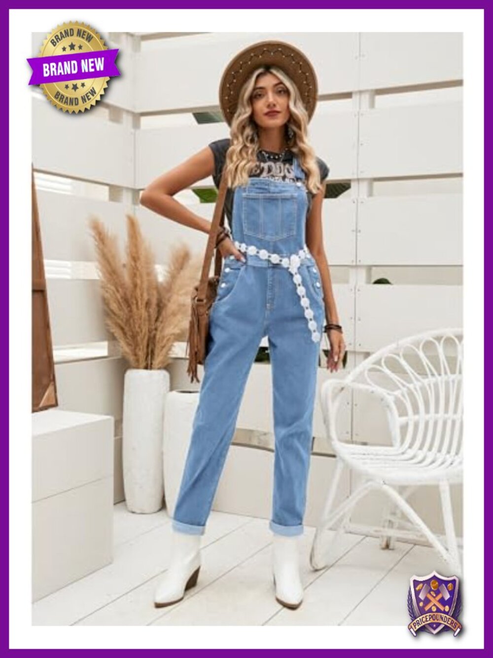 Stretch Denim Bib Overalls Adjustable Straps Cuffed Hem Casual - Picture 2 of 6